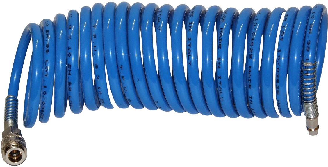 Eine blaue Spiralschlauchleitung mit Metallanschlüssen an beiden Enden, geeignet für Druckluftsysteme.