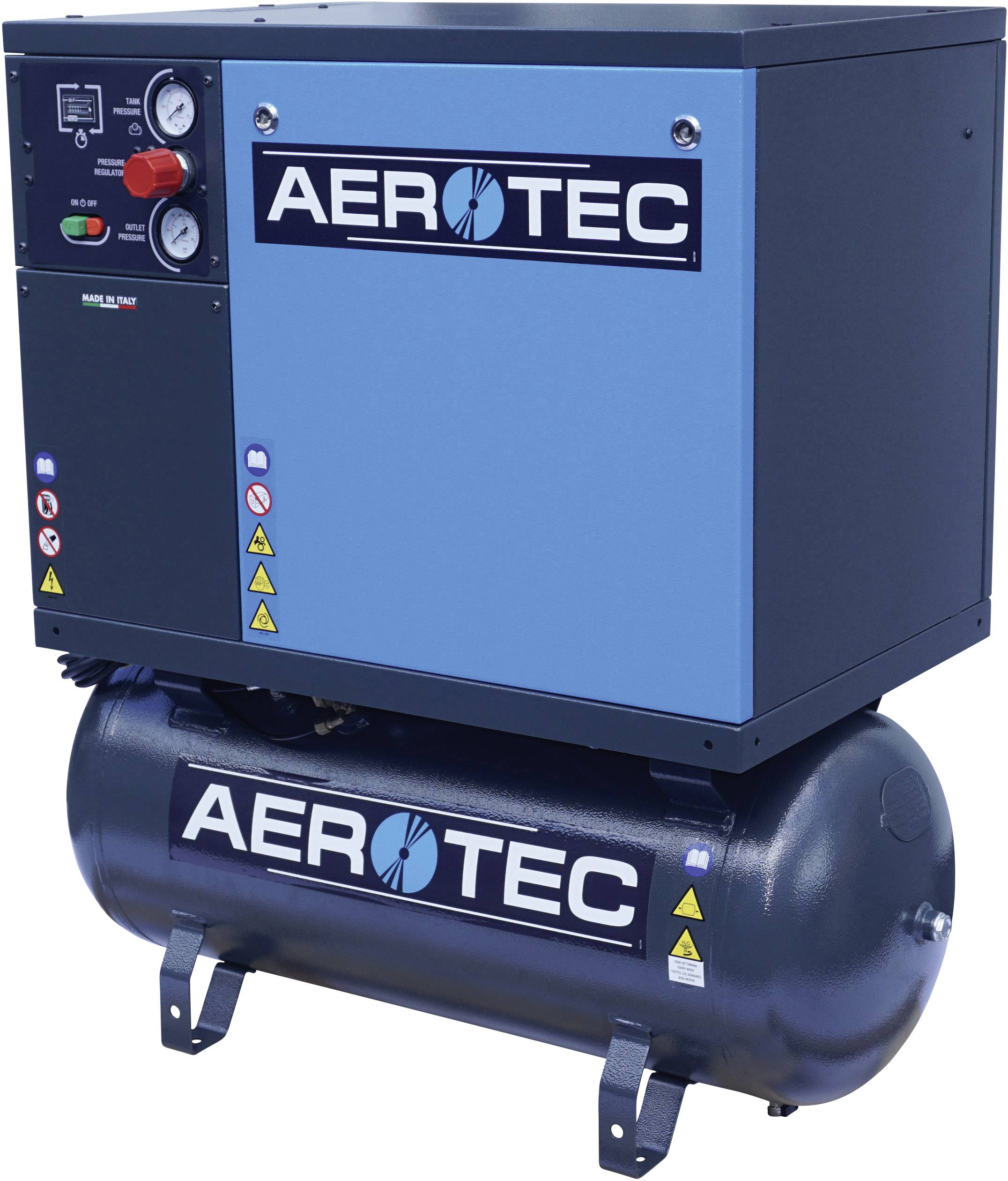 Luftkompressor von Aerotec mit blauem Gehäuse, Druckanzeige und rotem Schalter, montiert auf einem schwarzen Tank.