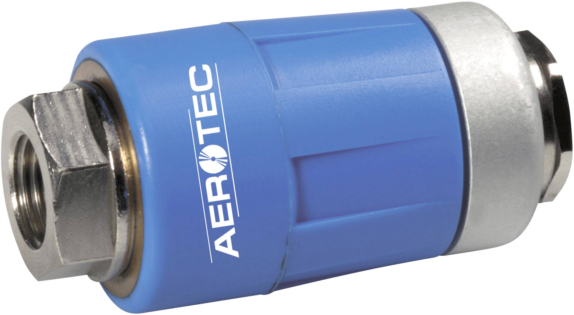 Ein blauer Stecknippel von Aerotec zur Verbindung von Druckluftgeräten. Metallanschlüsse an beiden Enden ermöglichen eine sichere Befestigung.