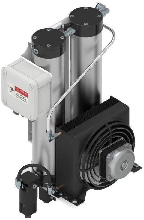 Industriekompressor mit zwei Zylindern, Kühlrippen und Lüfter. Geeignet für Anwendungen, die Druckluft erfordern.