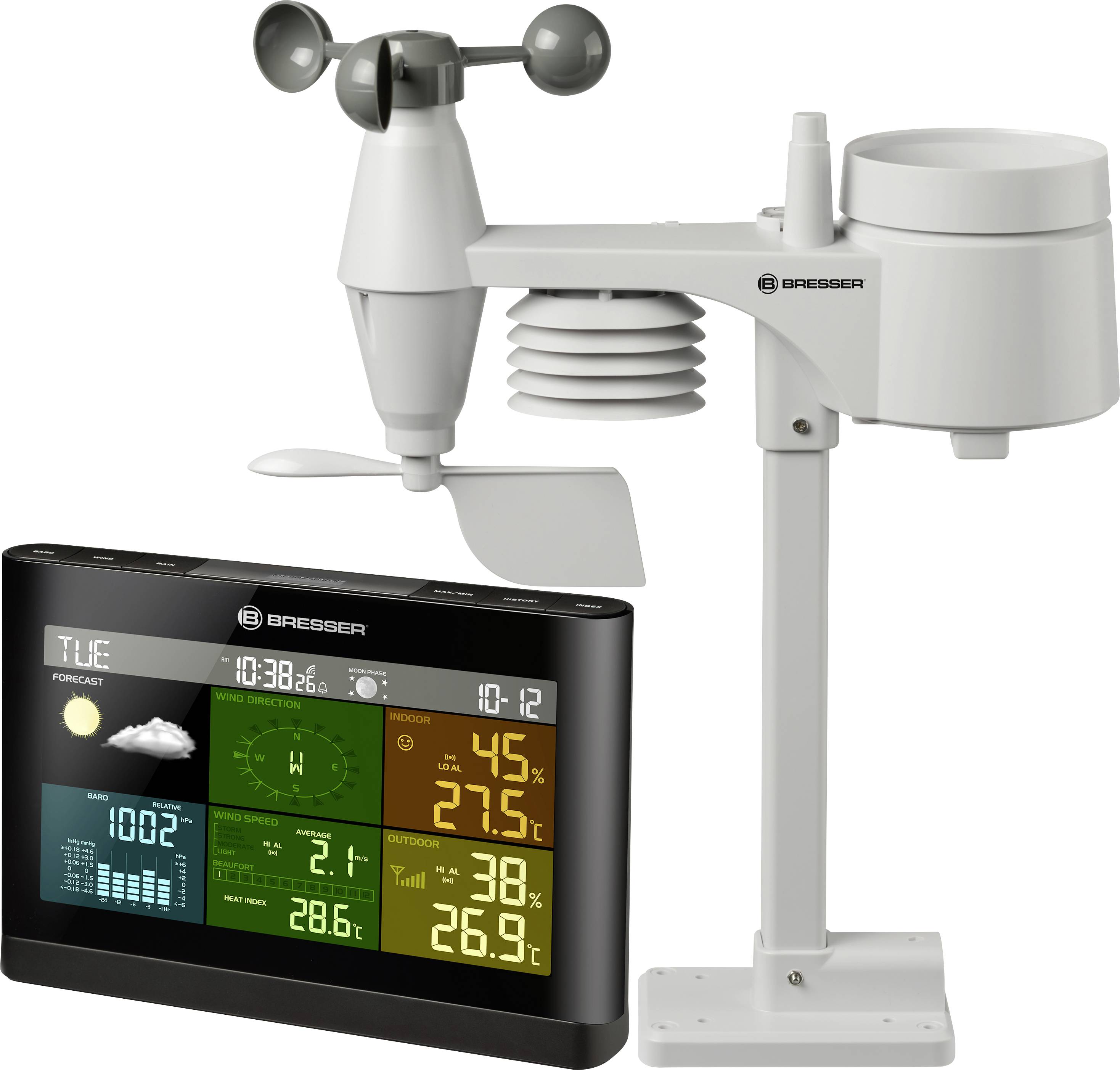 Bresser Optik 5-in-1 Comfort Wetter Center 7002550CM3000 Funk-Wetterstation Vorhersage für 12 bis 24 Stunden