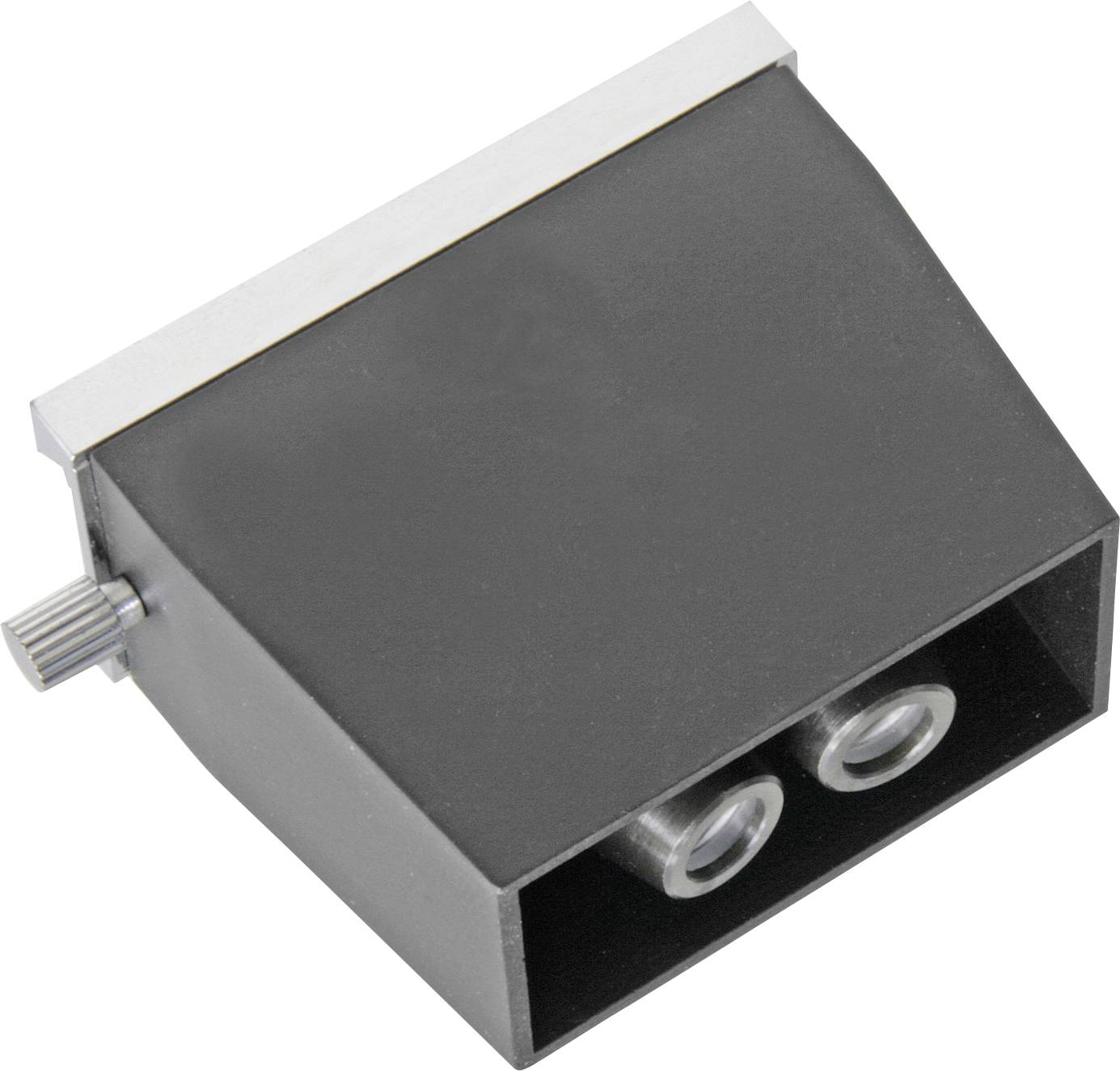 Ein schwarzer optischer Sensor mit zwei Linsen und einem kleinen Drehknopf an der Seite.