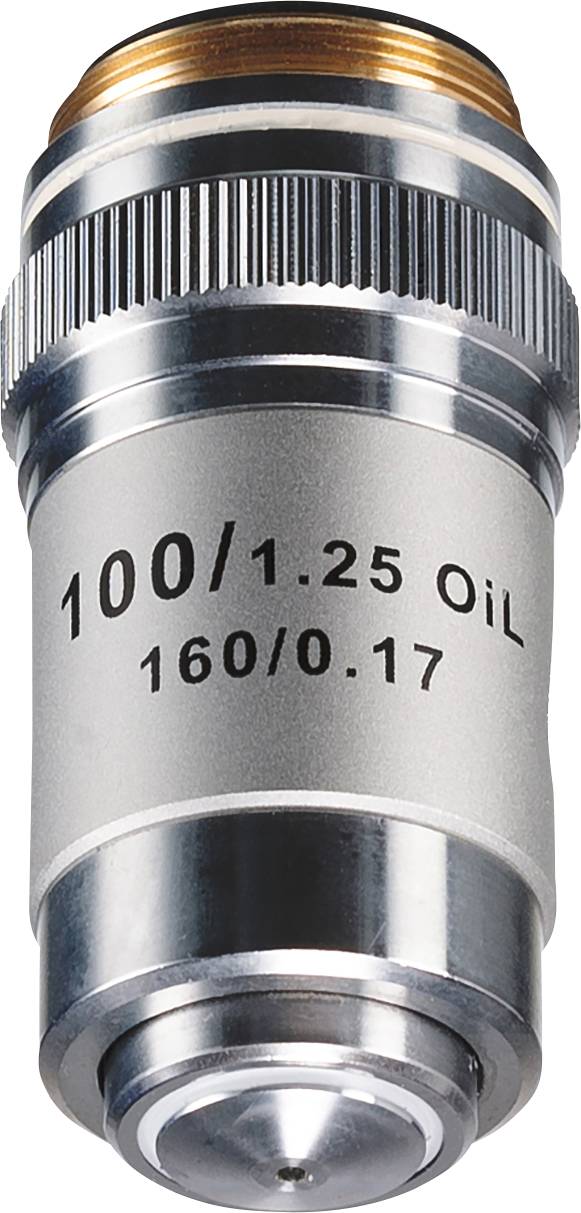Objektivlinse eines Mikroskops mit Aufschrift '100/1.25 OiL 160/0.17', zeigt Vergrößerungs- und Immersionsöl-Informationen.