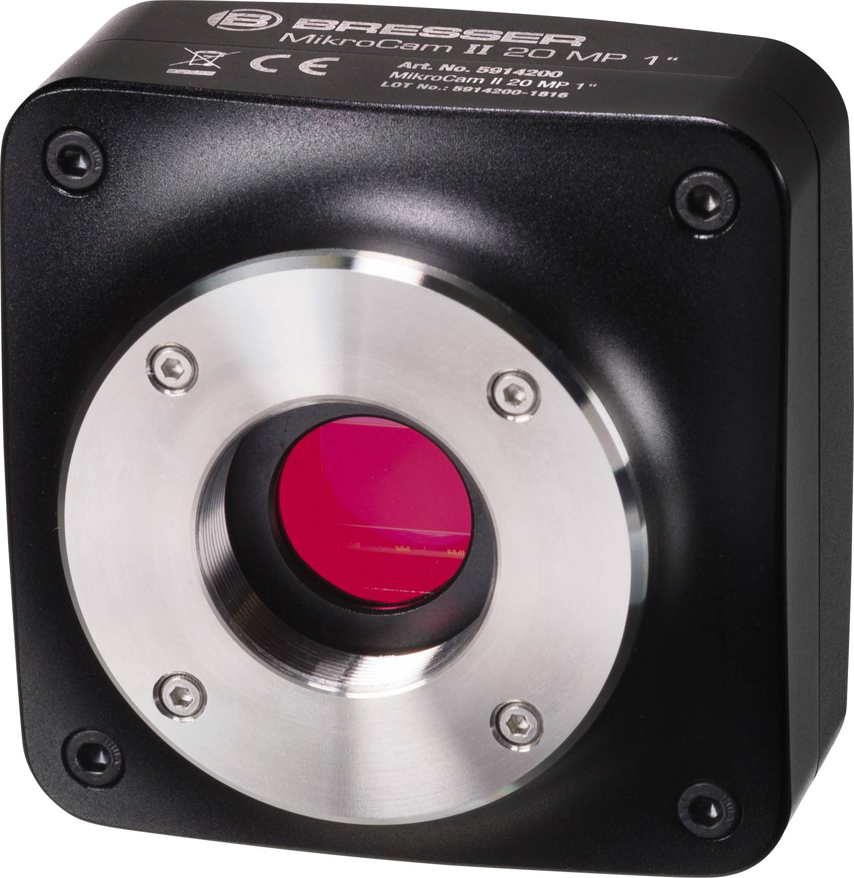 'Schwarze Bresser Mikrokamera' mit silbernem runden Objektiv. Modell 'MikroCam II 20 MP' steht oben links auf dem Gehäuse.