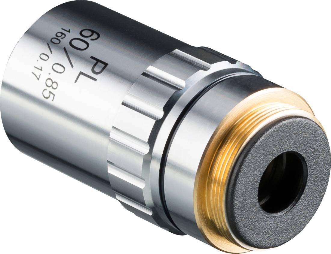 Metallisches Mikroskopobjektiv, teilweise golden, mit der Aufschrift 'PL 60/0.85 ∞/0.17', verwendet zur Vergrößerung von Objekten.