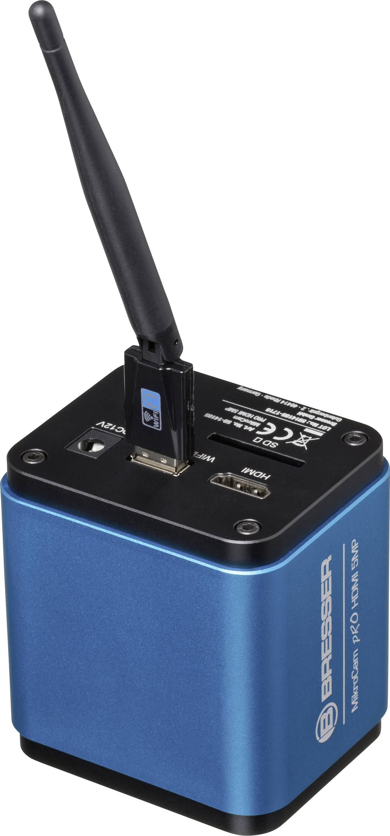 Kompakte blaue Kamera mit Antenne und mehreren Anschlüssen, geeignet für Mikroskopie-Anwendungen.