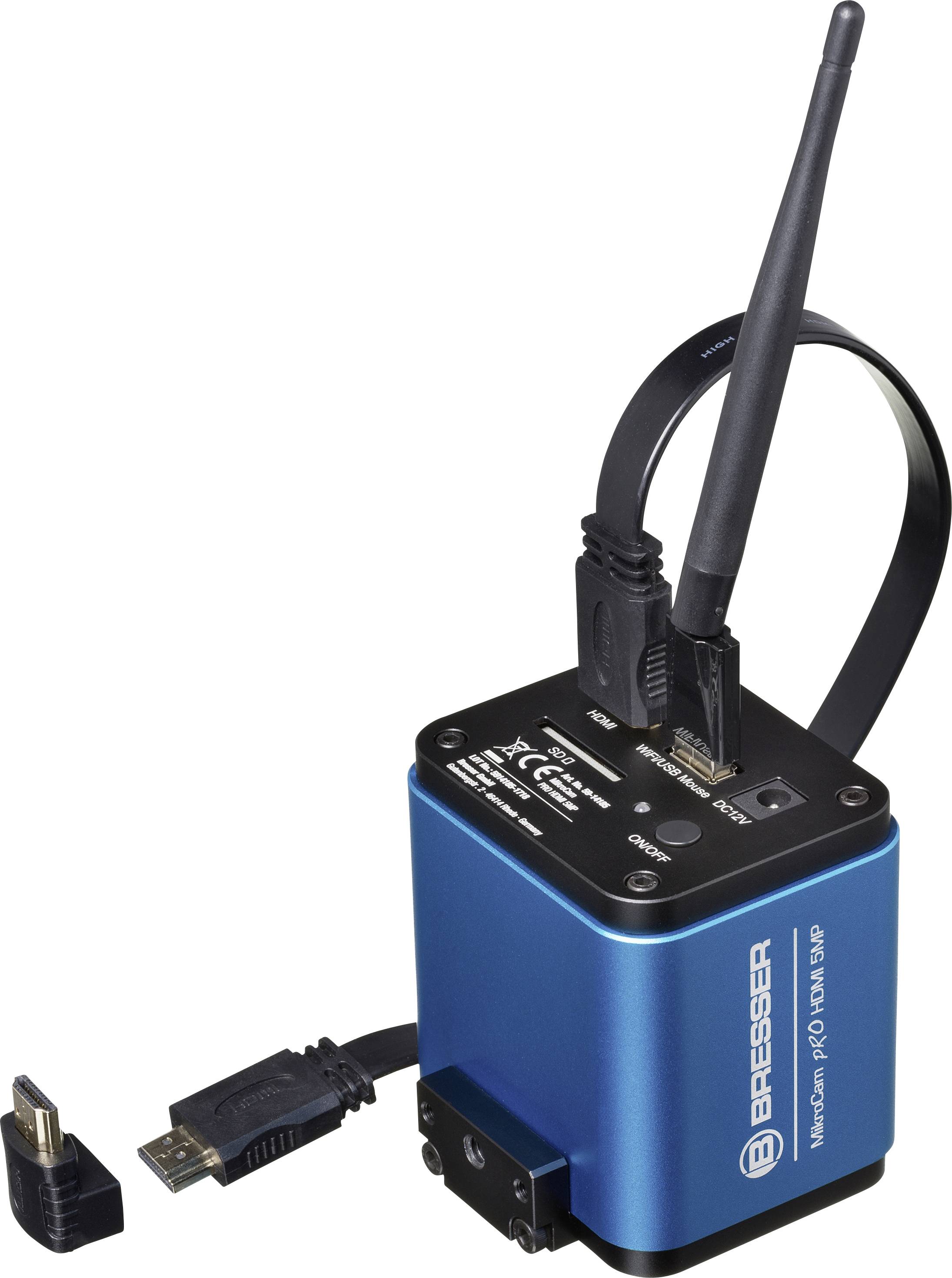 Blaues elektronisches Gerät mit Antenne und USB-Anschlüssen. Markierung 'Bresser'. Vorne ein separates USB-Kabel.