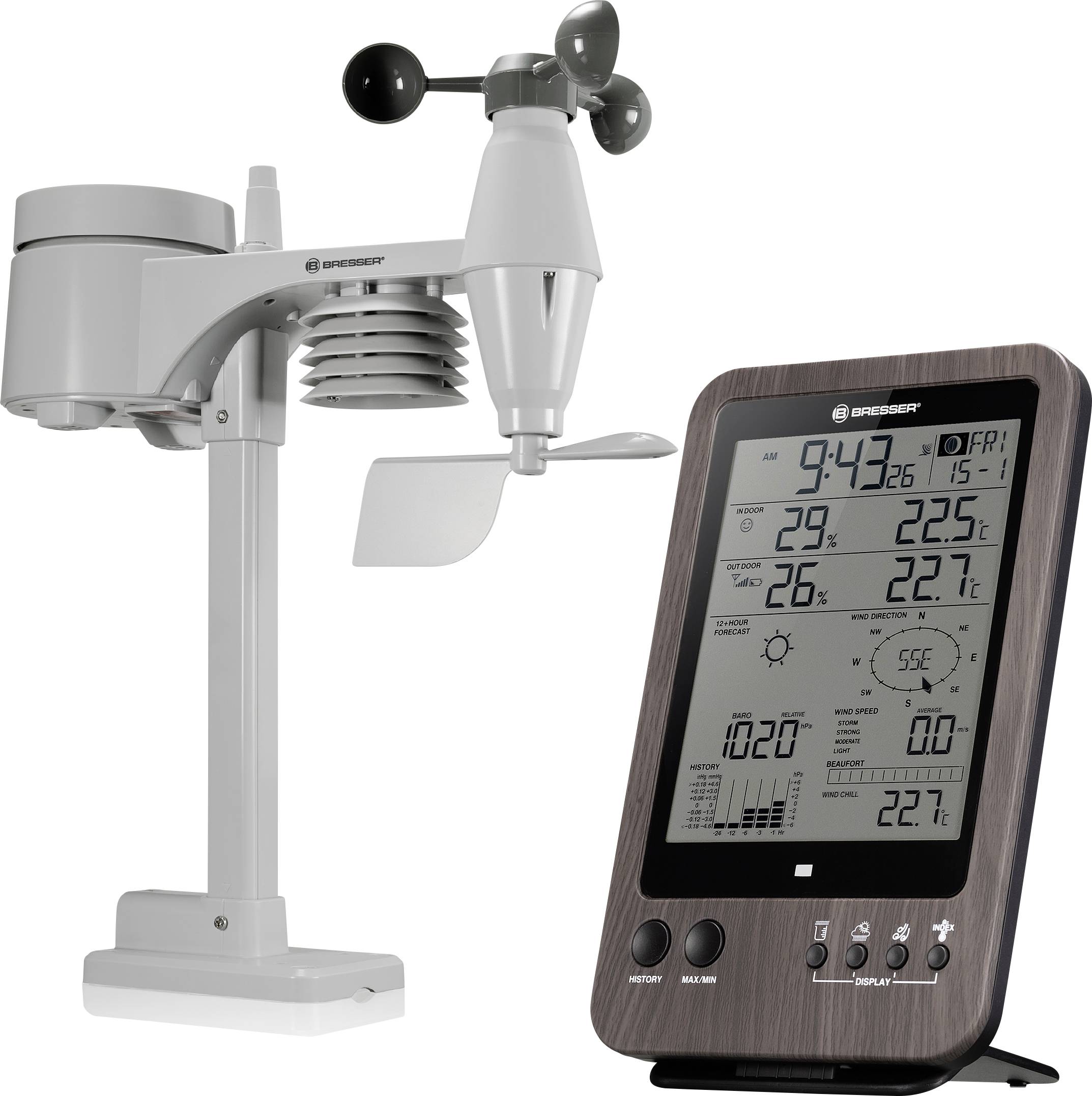 Wetterstation mit Sensoren, zeigt Temperatur, Luftfeuchtigkeit, Windgeschwindigkeit und Wettervorhersage auf digitalem Display.