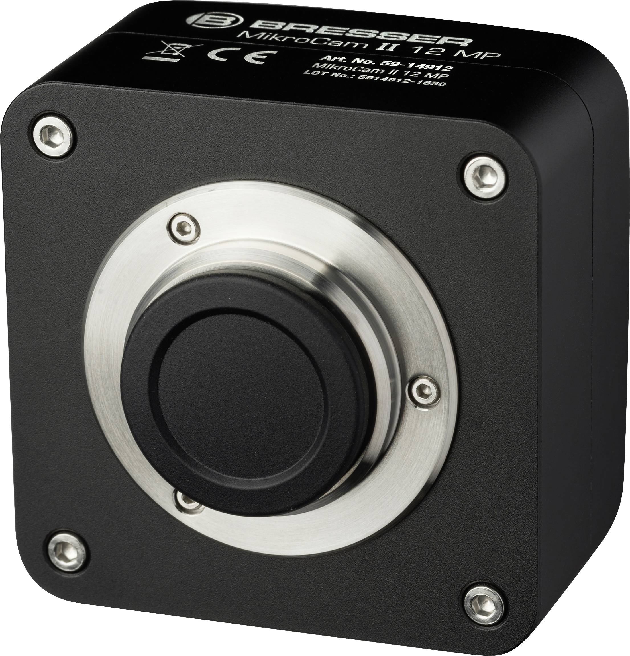 Eine schwarze Kamera mit silbernem Ring und Markierungen. Modell: Bresser MikroCam II 12 MP. Verwendet im Bereich der Mikroskopie.