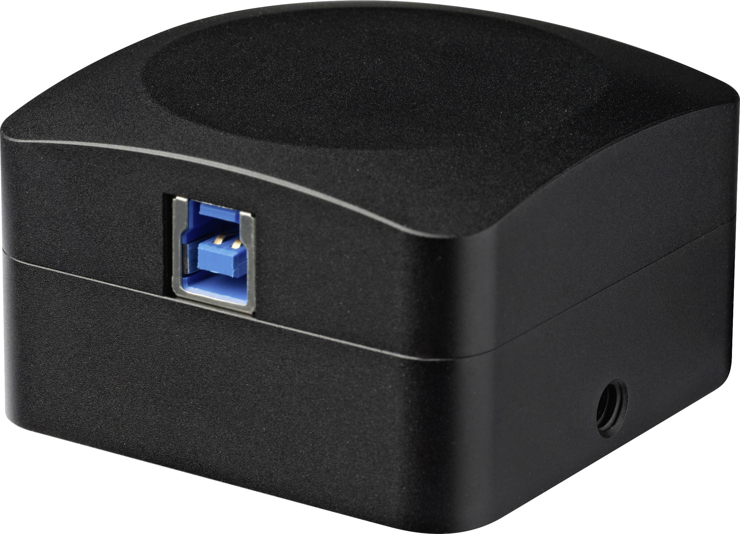 Schwarzes quadratisches elektronisches Gerät mit USB-Anschluss.