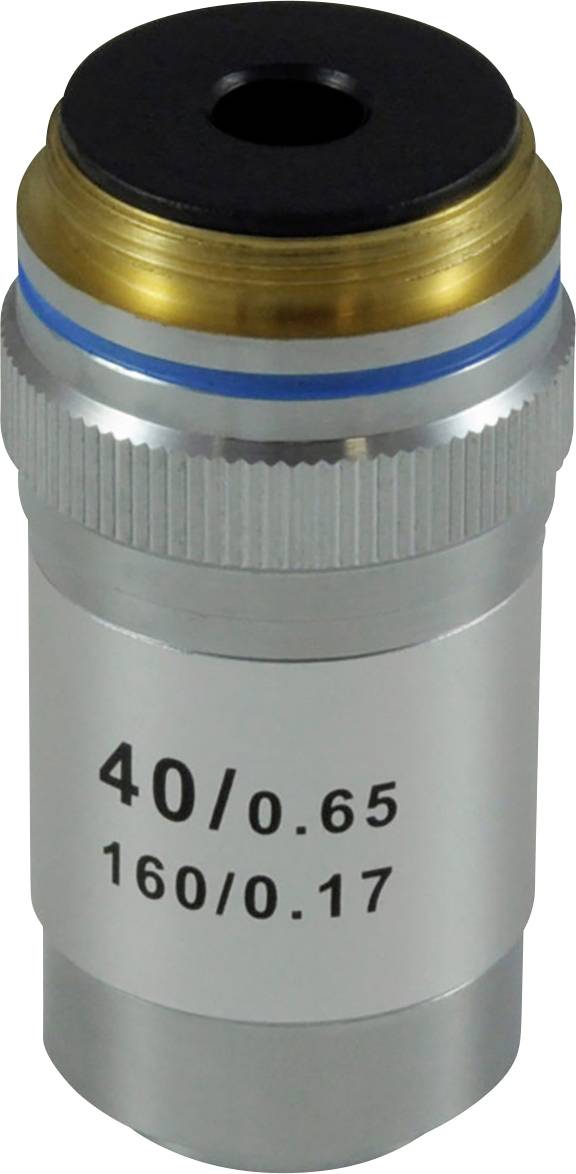 Ein Mikroskopobjektiv mit der Beschriftung '40/0.65 160/0.17', silberfarben mit blauen und goldenen Akzenten.