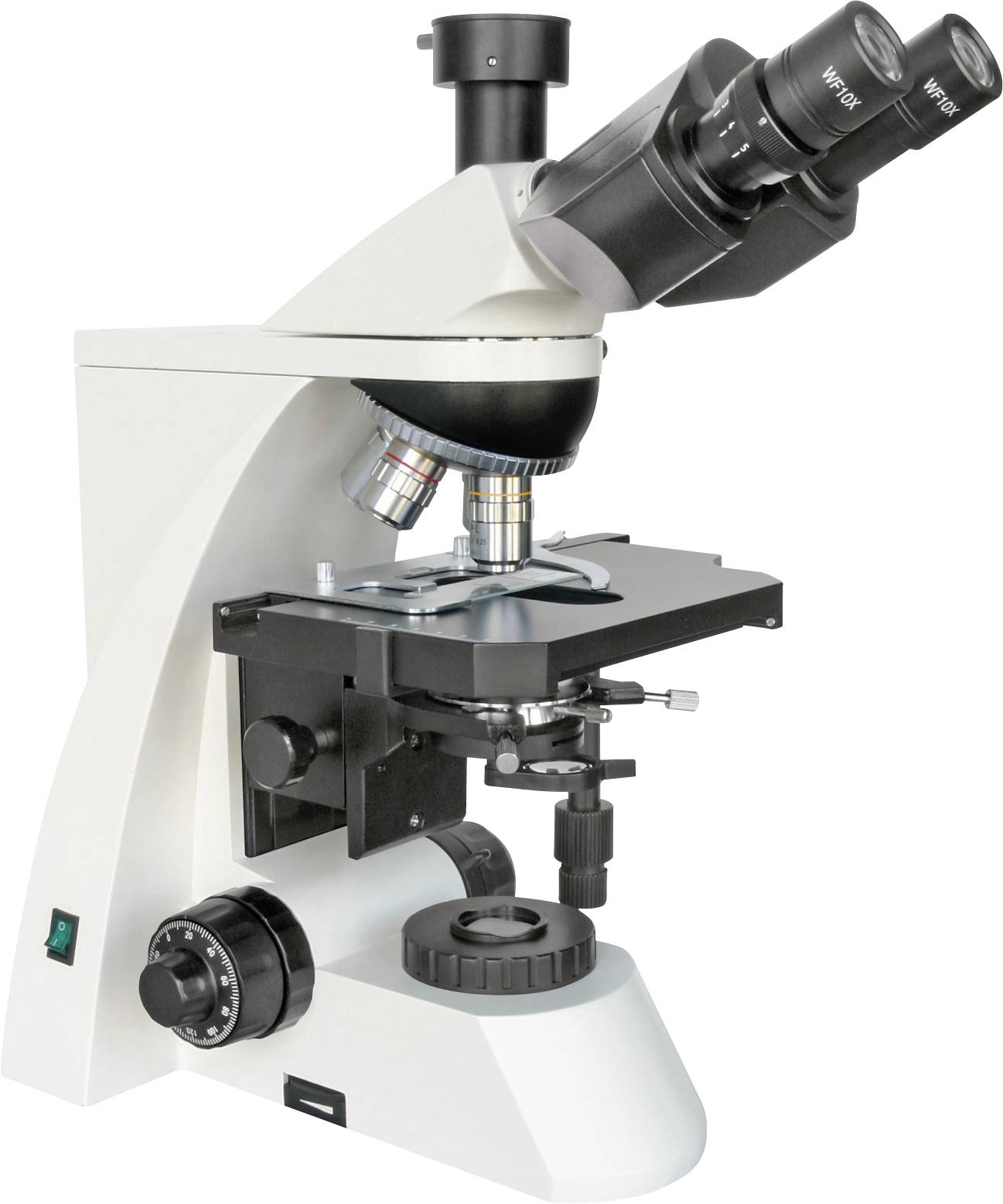 Ein Mikroskop mit zwei Okularen und mehreren Objektivlinsen. Es wird oft in der Wissenschaft zur Analyse von Proben verwendet.