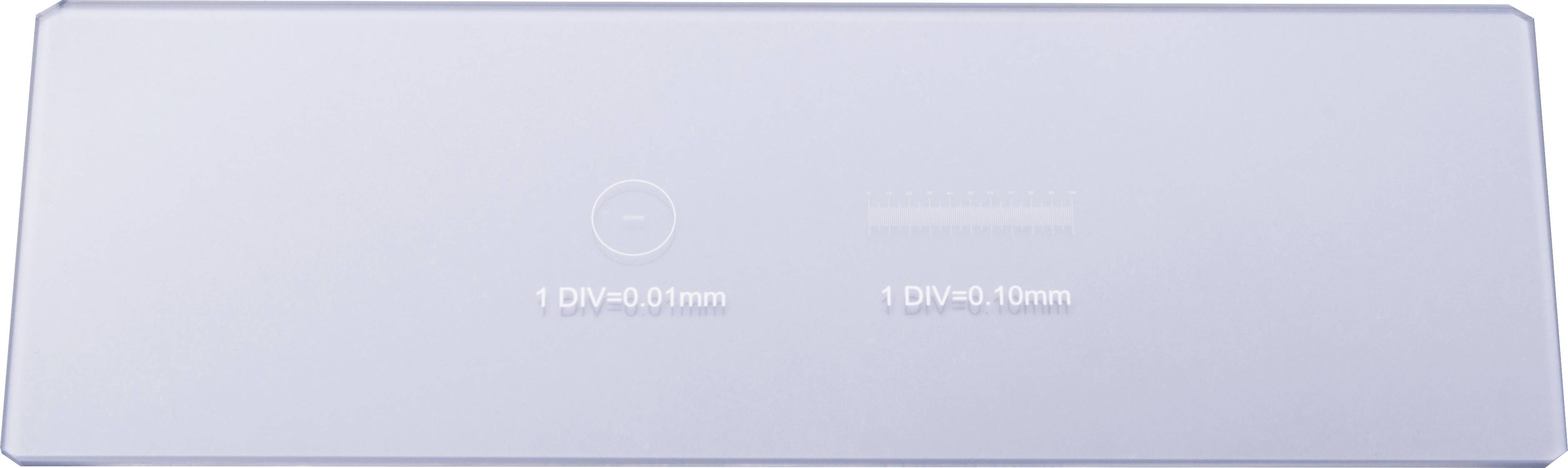 Rechteckige silberne Platte mit zwei Markierungen: links '1 DIV=0,01mm', rechts '1 DIV=0,10mm', möglicherweise Maßangaben.
