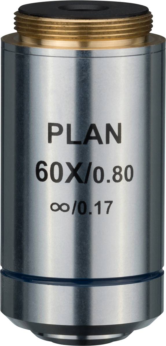 Mikroskopobjektiv mit der Aufschrift 'PLAN 60X/0.80', geeignet für detailreiche Vergrößerungen in wissenschaftlichen Anwendungen.