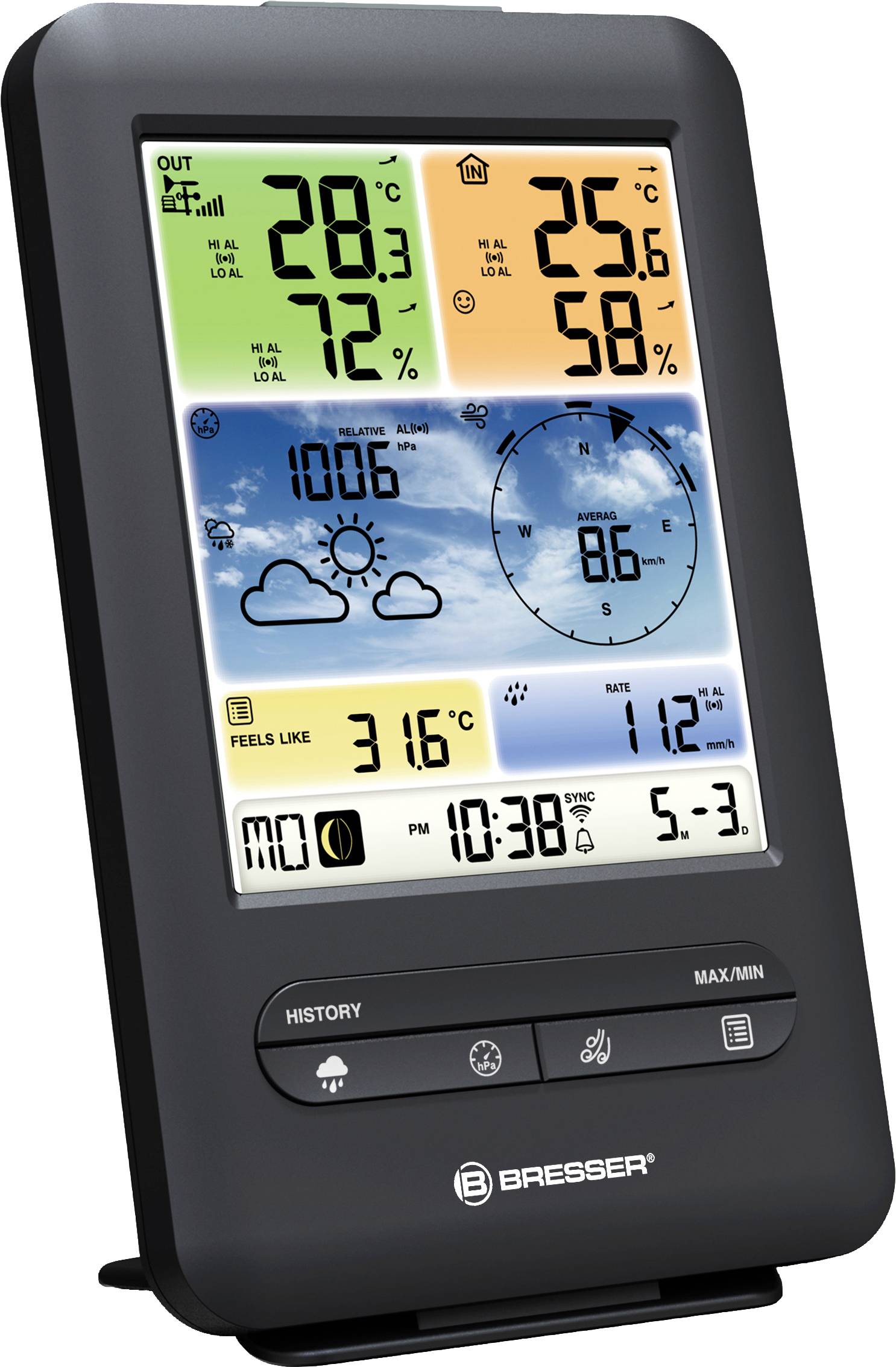 Digitale Wetterstation mit Temperatur- und Feuchtigkeitsanzeige, Wettervorhersage, Uhrzeit und Datum; schwarzes Gehäuse.