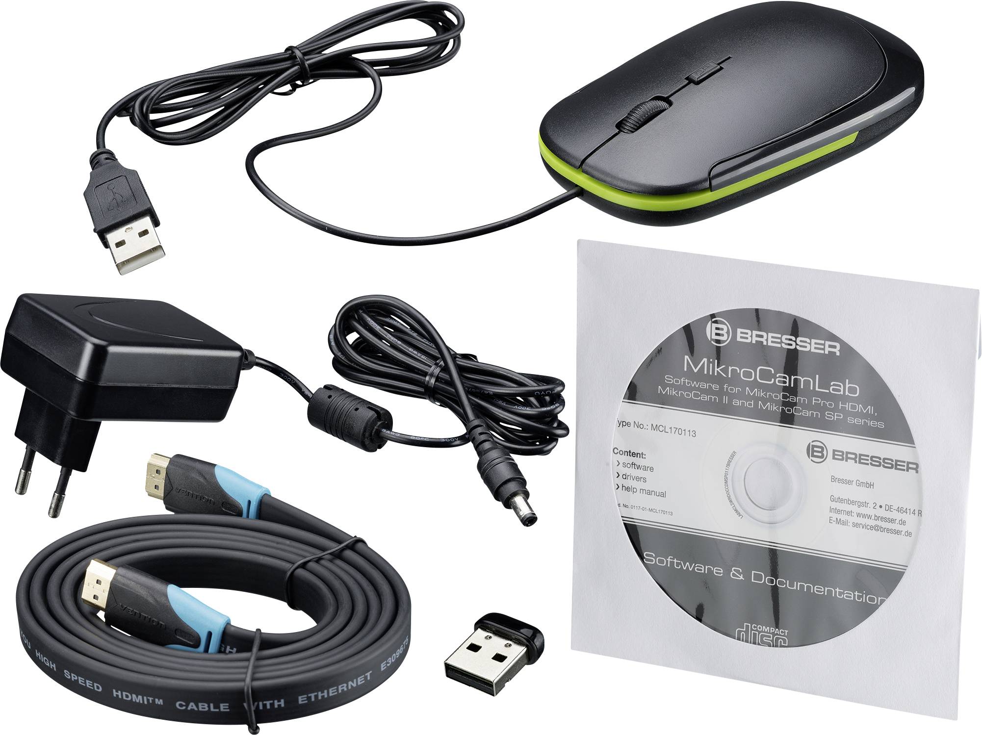 Maus, USB-Kabel, Netzadapter, HDMI-Kabel, USB-Dongle und Software-CD mit Anleitung, zusammen für ein technisches Gerät.