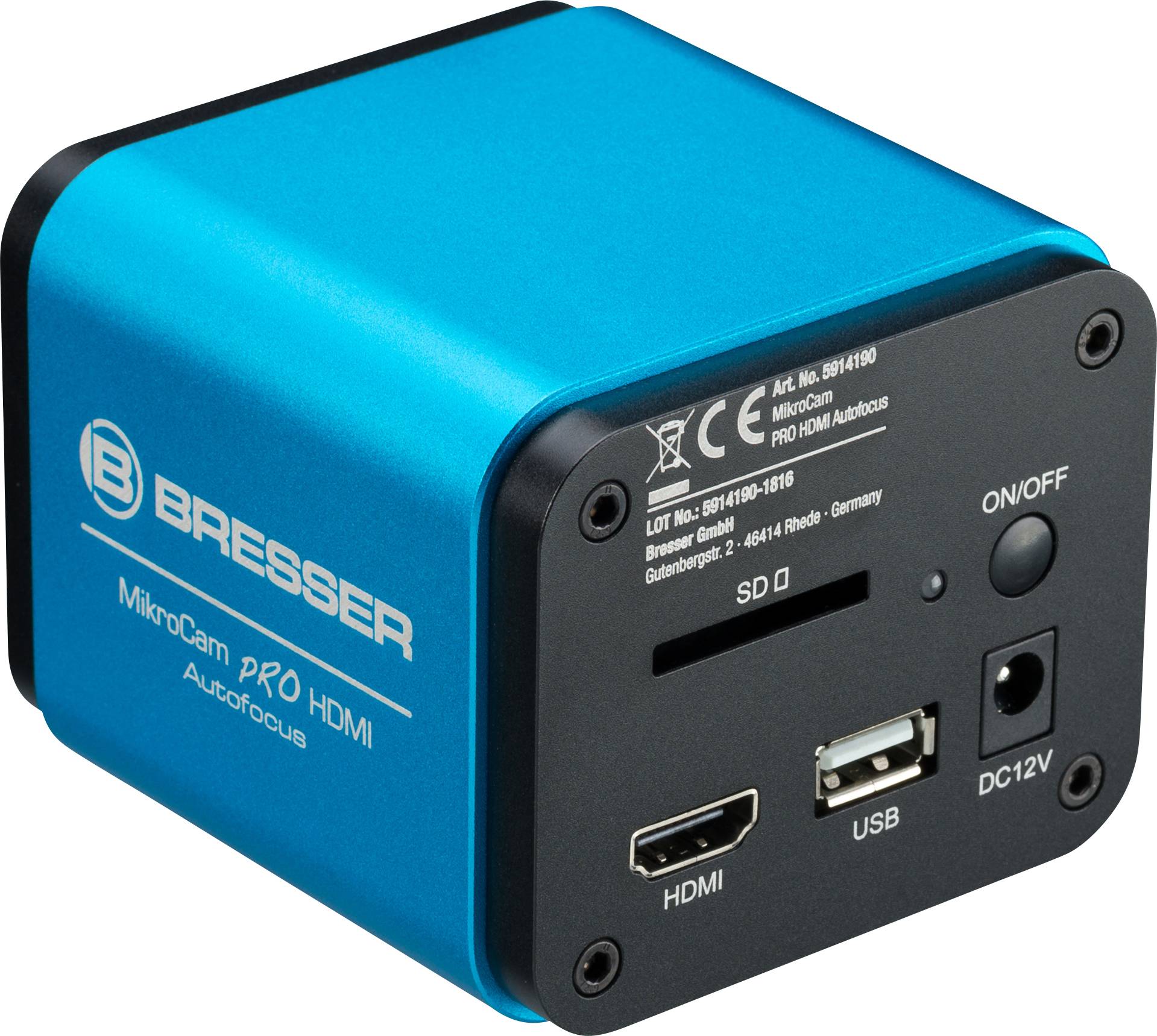 Eine blaue Kameraeinheit mit Aufschrift 'Bresser MikroCam PRO HDMI' zeigt Anschlüsse für HDMI, USB und SD-Karte.