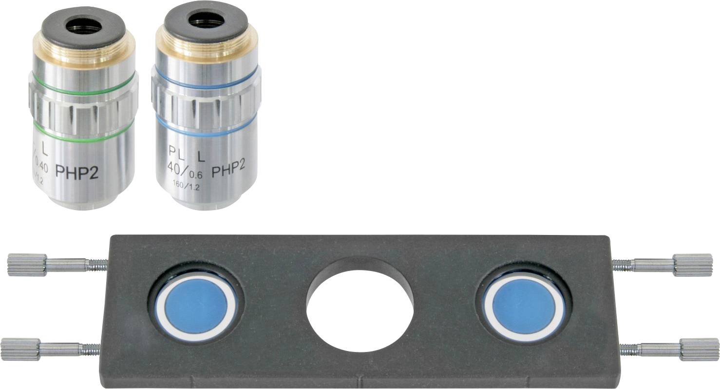 Zwei mikroskopische Objektive und eine Halterung mit zwei blauen Linsen. Die Objektive haben grüne und blaue Markierungen.