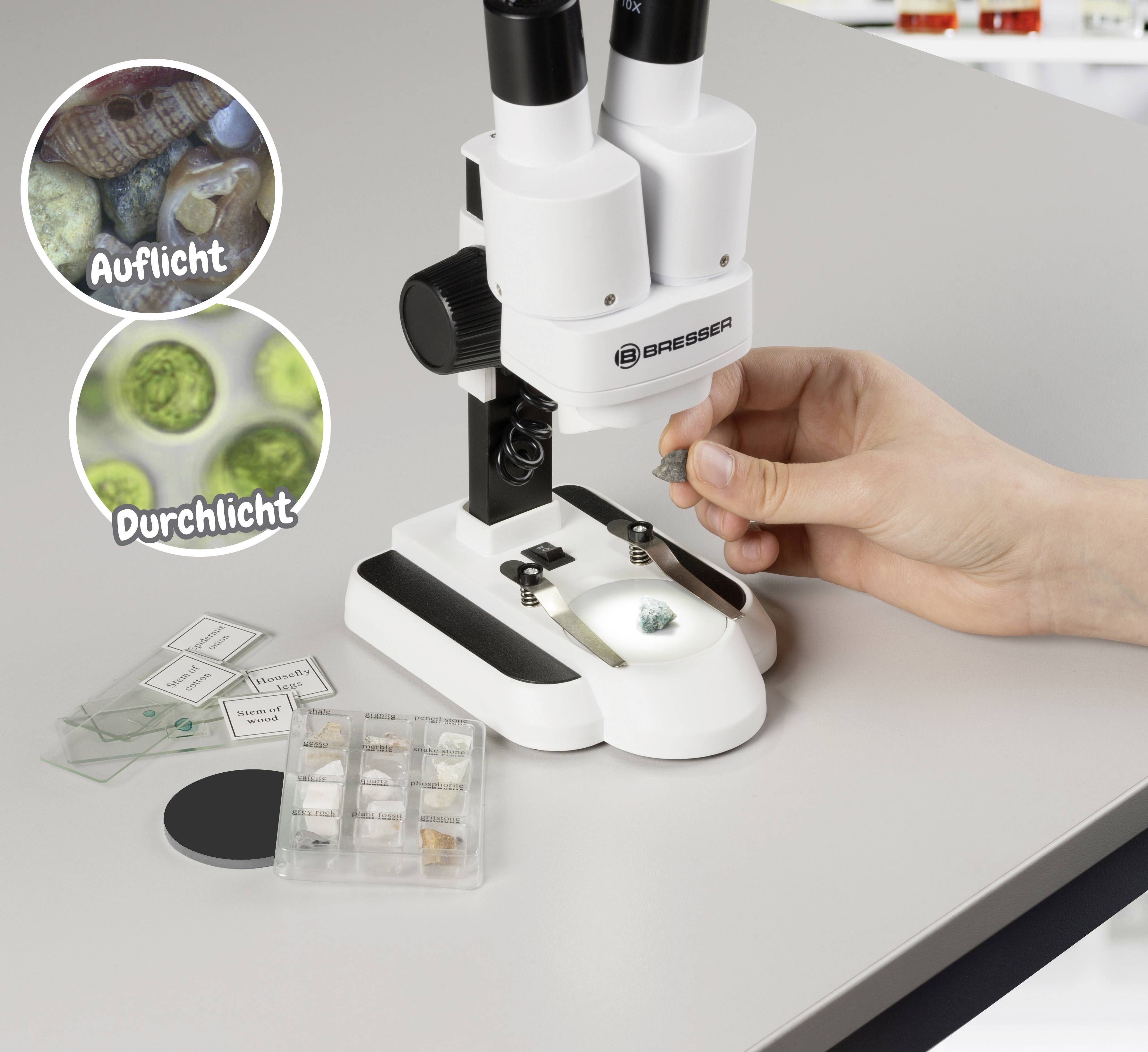 Bresser Optik 8852001 Junior 20-50 Kinder-Mikroskop Binokular 50 x Auflicht, Durchlicht