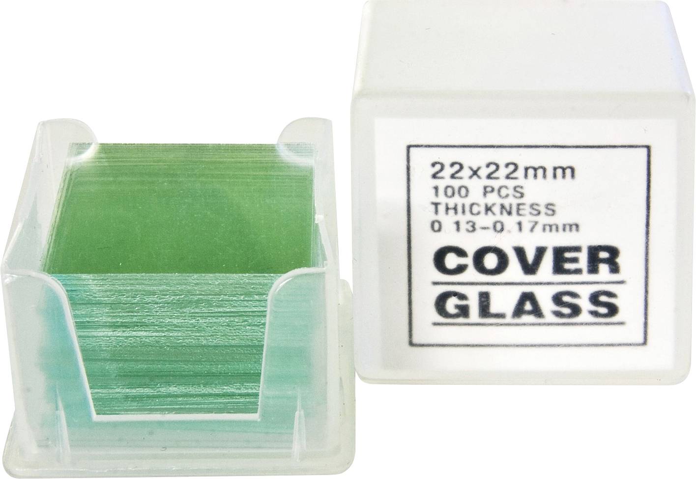 Geöffnete Plastikbox mit grünen Deckgläsern. Etikett zeigt: '22x22 mm, 100 Stück, Dicke 0,13-0,17 mm, Cover Glass'.