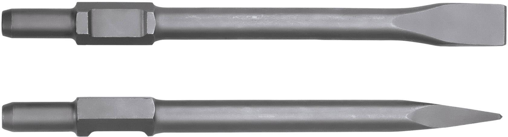 Zwei Meißelaufsätze aus Metall, einer flach, der andere spitz. Sie sind parallel angeordnet und für Abbrucharbeiten geeignet.