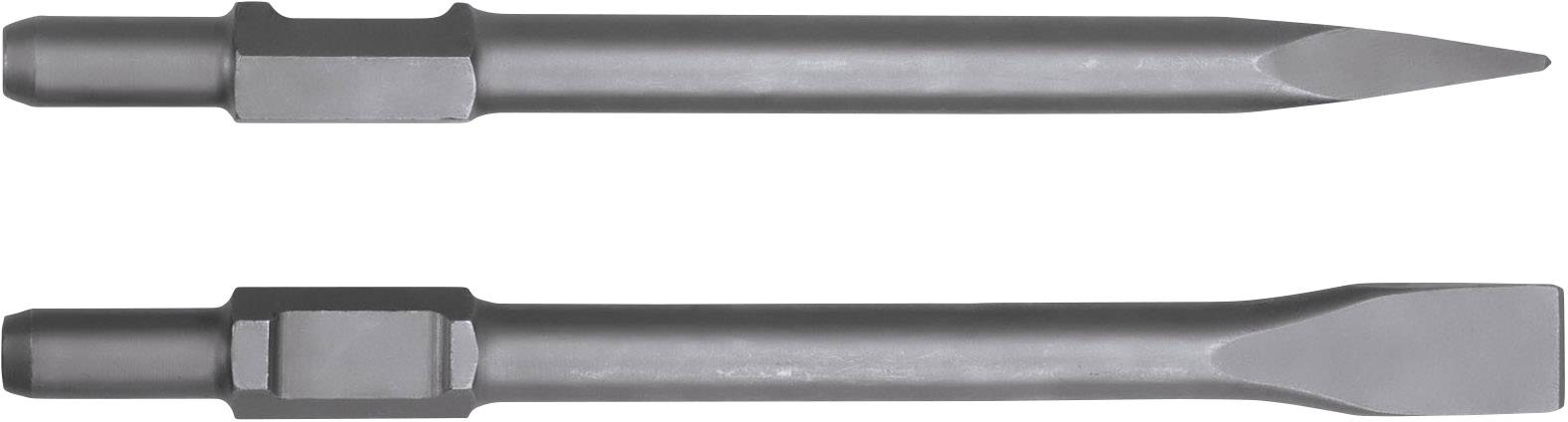 Zwei graue Meißelspitzen, eine spitz und eine flach, nebeneinander liegend, zur Verwendung mit schweren Maschinen.