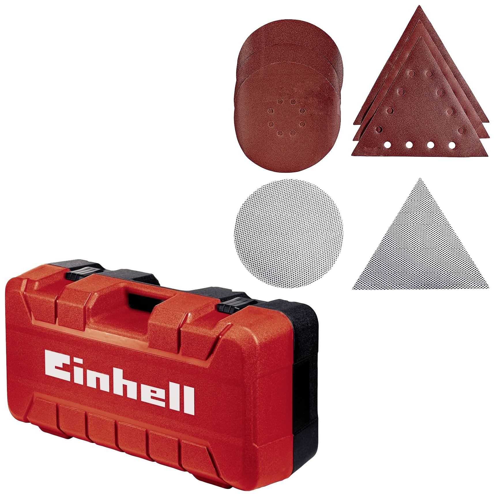 Ein roter Werkzeugkoffer mit Einhell-Logo, daneben runde und dreieckige Schleifscheiben in verschiedenen Materialien und Größen.