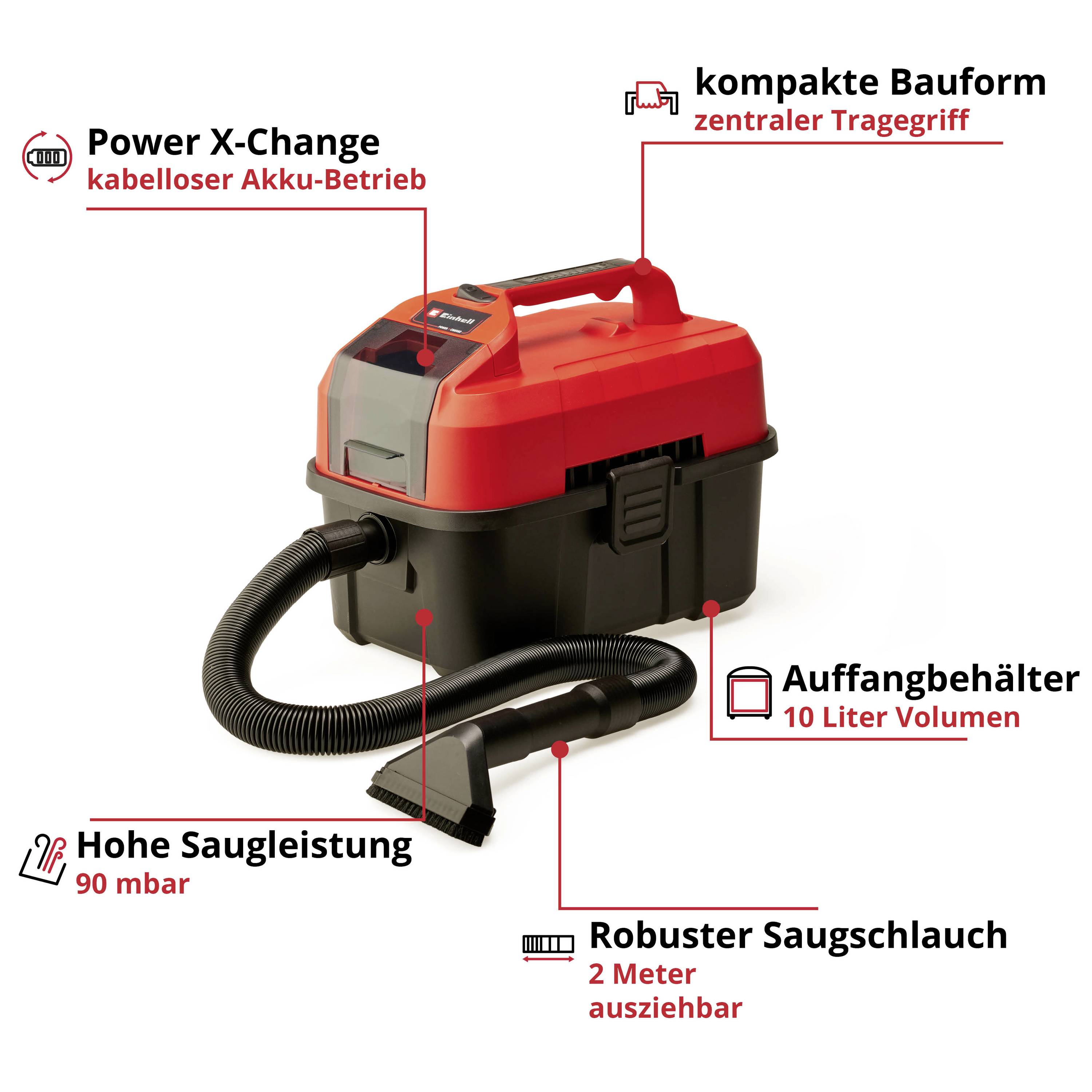 Ein roter und schwarzer Akku-Staubsauger mit kompaktem Design und zentralem Tragegriff. Merkmale: Power X-Change, 10-Liter-Tank, hoher Saugkraft, 2-Meter-Schlauch.