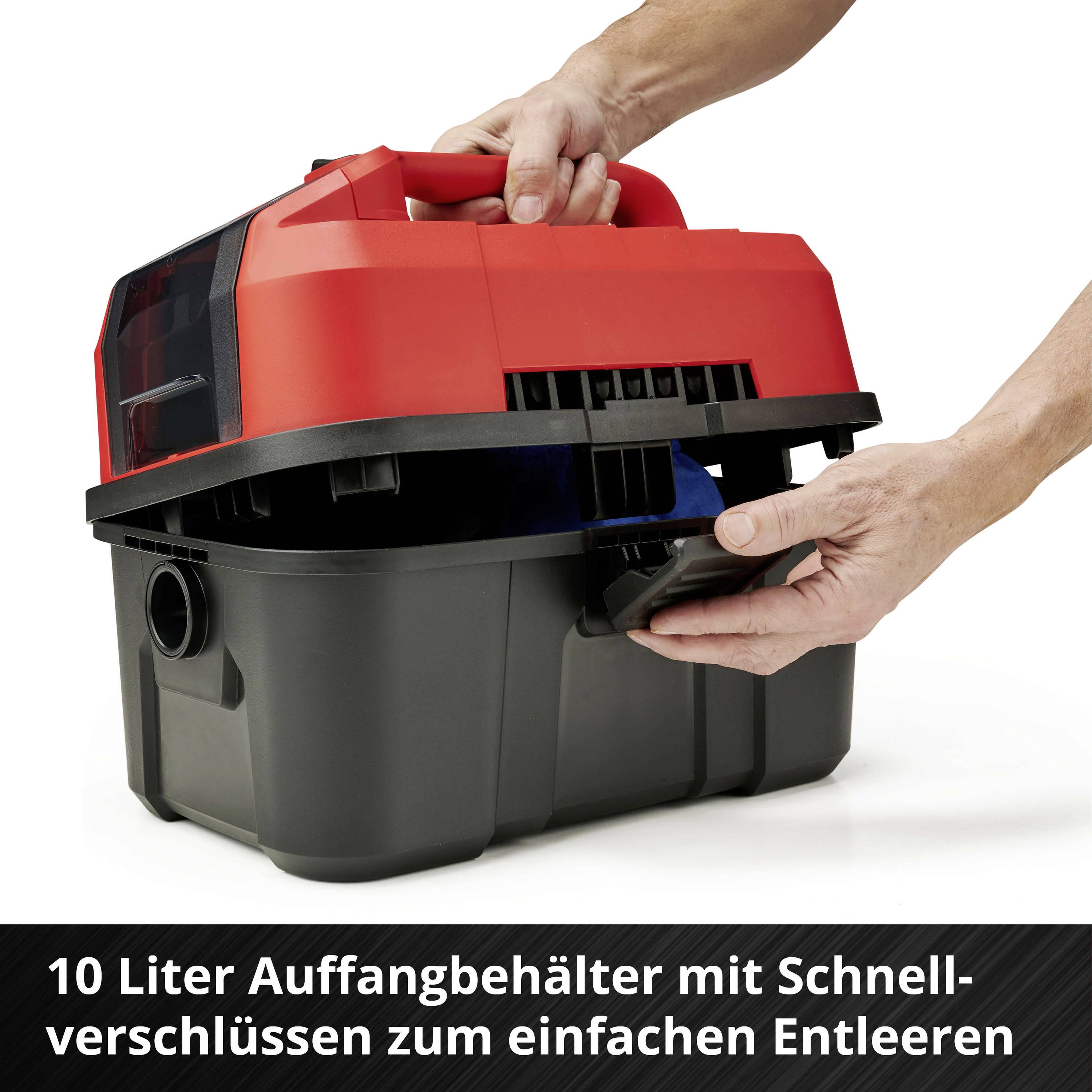 Eine Hand öffnet einen 10-Liter-Auffangbehälter mit Schnellverschlüssen an einem Gerät. Text: '10 Liter Auffangbehälter mit Schnellverschlüssen zum einfachen Entleeren'.