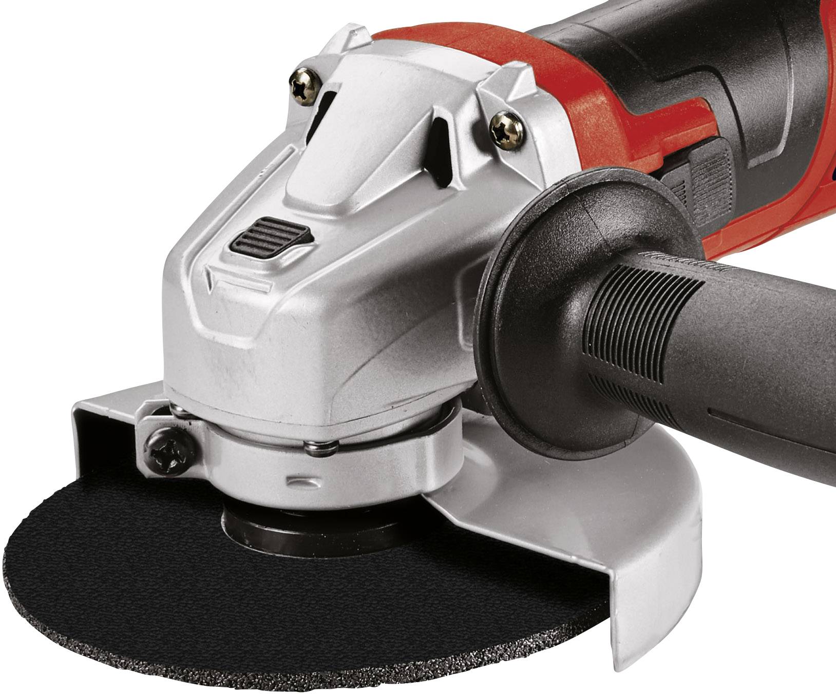 Winkelschleifer mit schwarzer Schleifscheibe und rotem Griff, ideal für Trenn- und Schleifarbeiten in Werkstätten oder auf Baustellen.
