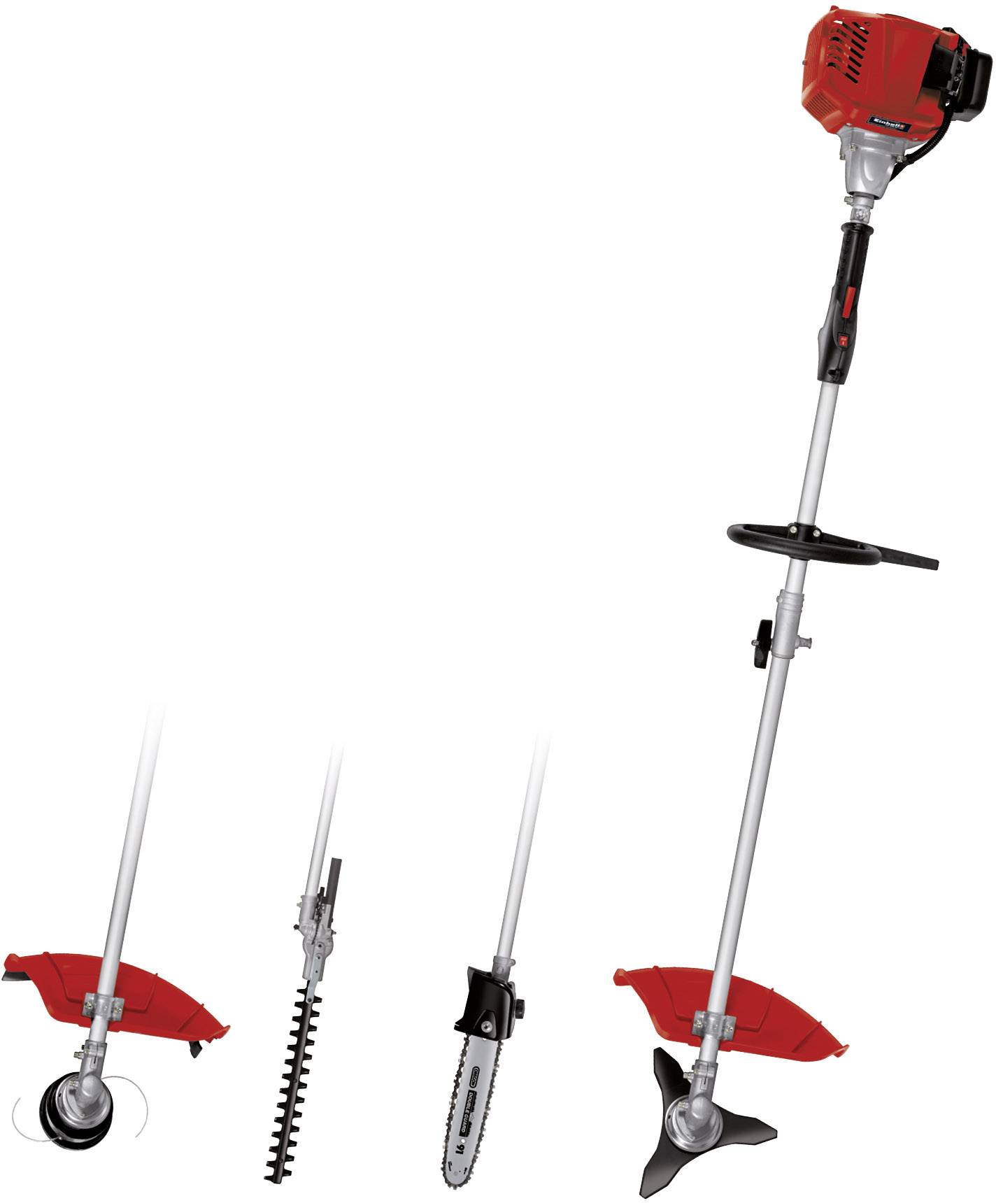 Rasenmäher mit verschiedenen Aufsätzen: Fadenkopf, Heckenschere, Kettensäge und Trimmerklinge zur Gartenpflege.