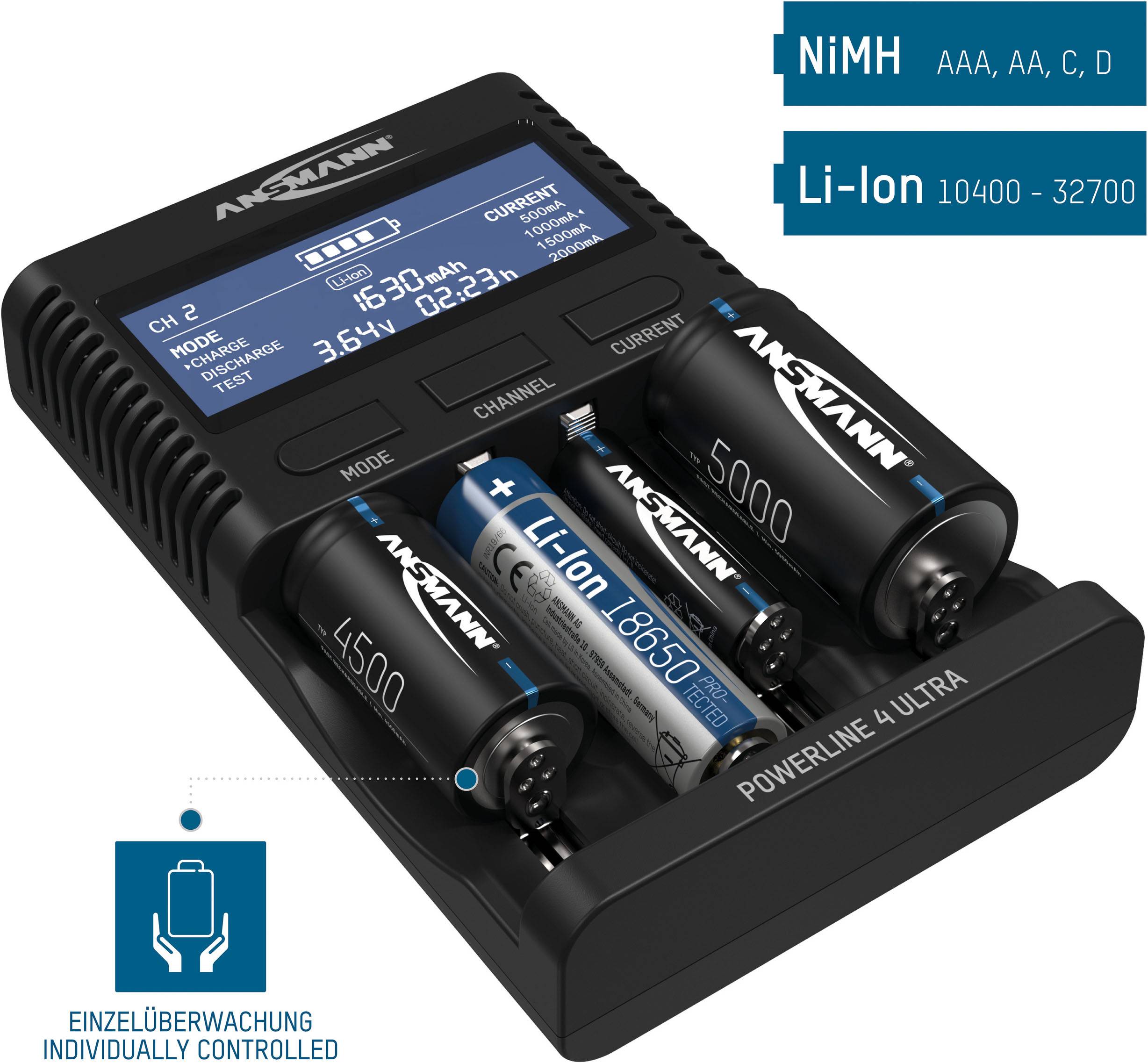 Ansmann Powerline 4 Ultra Rundzellen-Ladegerät NiCd, NiMH, LiIon Micro (AAA), Mignon (AA), Baby (C), Mono (D), 10340, 10350, 10440, 10500, 12500