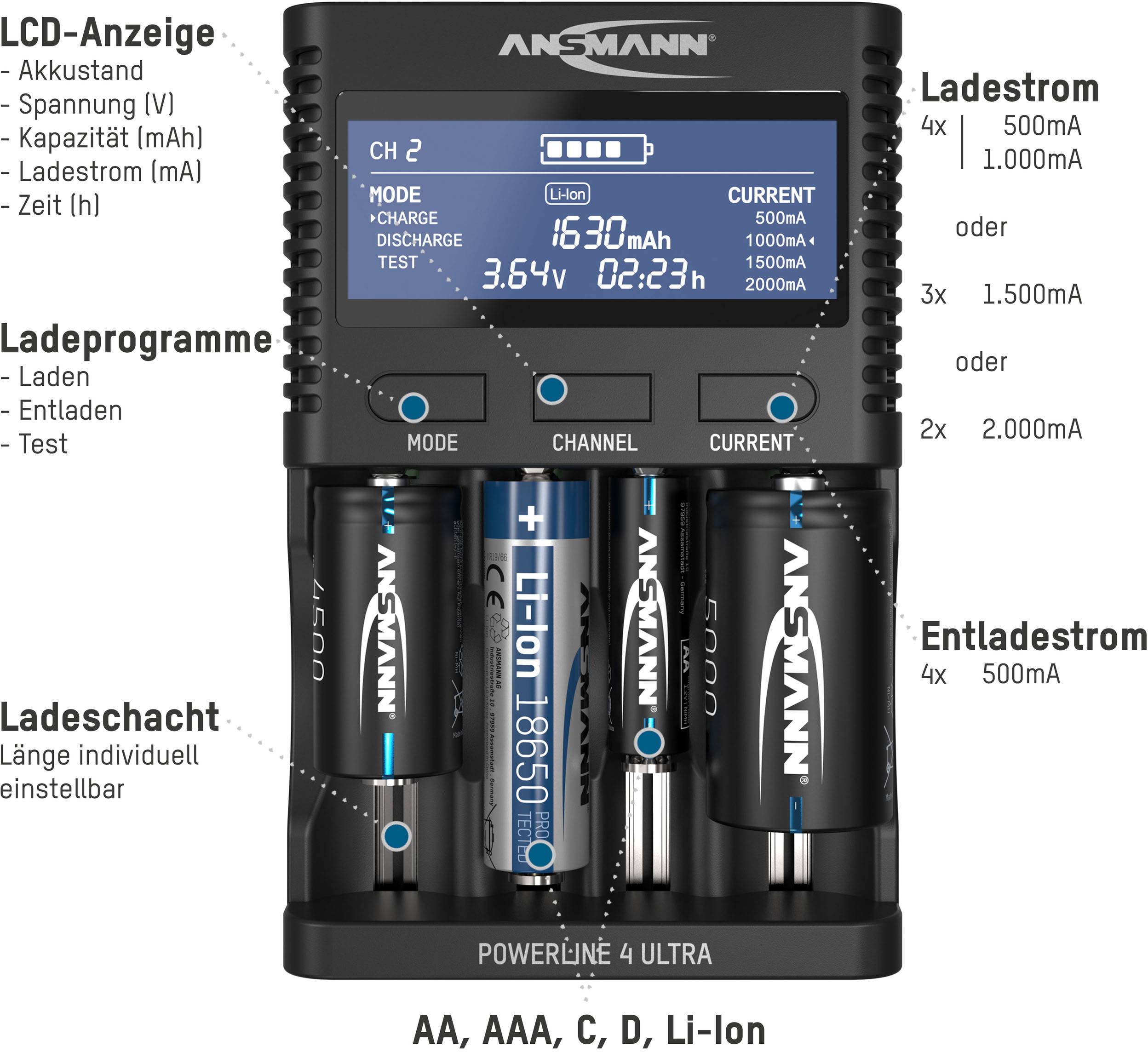 Ansmann Powerline 4 Ultra Rundzellen-Ladegerät NiCd, NiMH, LiIon Micro (AAA), Mignon (AA), Baby (C), Mono (D), 10340, 10350, 10440, 10500, 12500