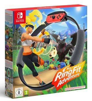 Eine Nintendo Switch-Verpackung für das Spiel 'Ring Fit Adventure', zeigt eine Figur, die mit einem Ring-Controller gegen Monster kämpft.