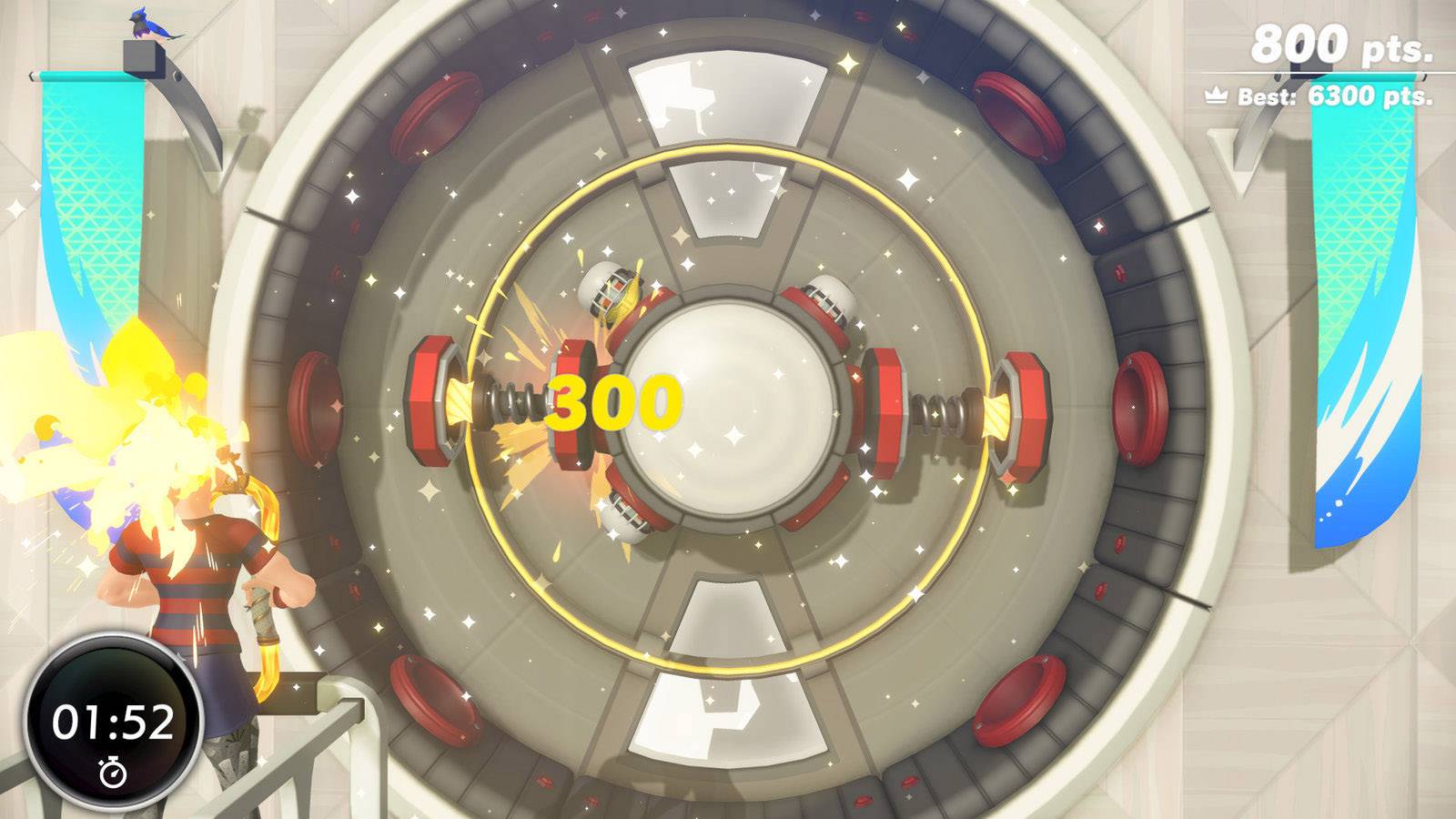 Fitness-Spiel mit Charakter, der auf Zielscheibe schlägt. Punkteanzeige zeigt 800 Punkte erreicht, 300 Punkte in Aktion. Timer läuft 01:52.