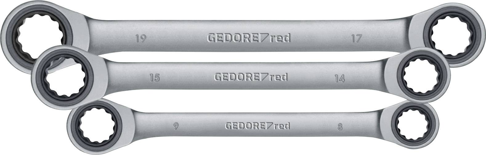 Drei Ratschenschlüssel, beschriftet mit 'GEDORE red', in den Größen 19/17, 18/16, und 15/14.