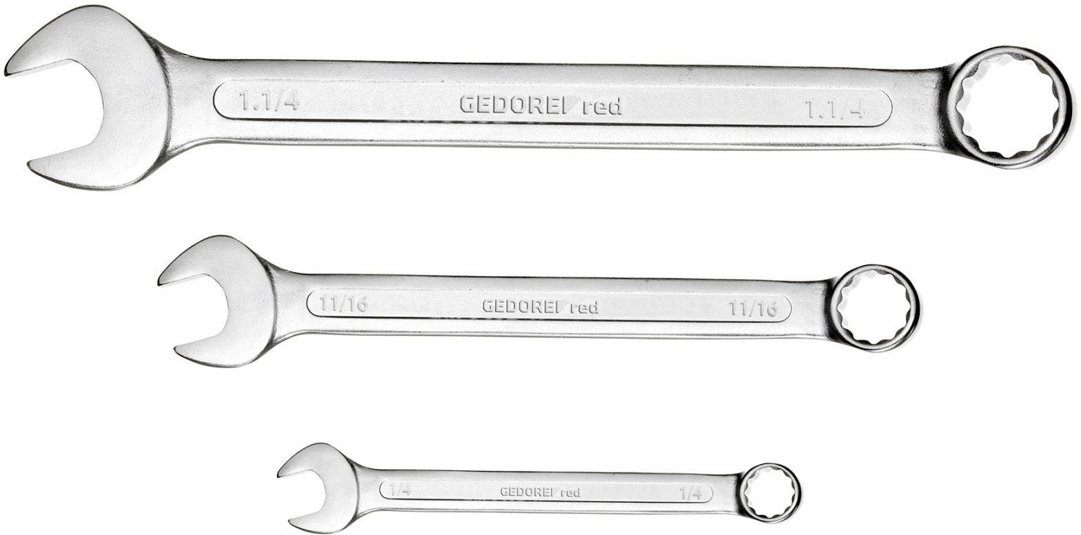 Drei offene Ringschlüssel in verschiedenen Größen liegen nebeneinander. Alle sind aus Metall und tragen die Aufschrift 'GEDORE red'.