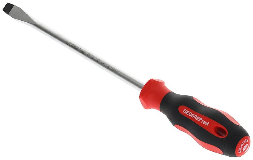 Ein Flachschraubendreher mit rotem und schwarzem Griff, markiert mit 'GEDORE red'. Der Schaft ist metallisch und gerade.