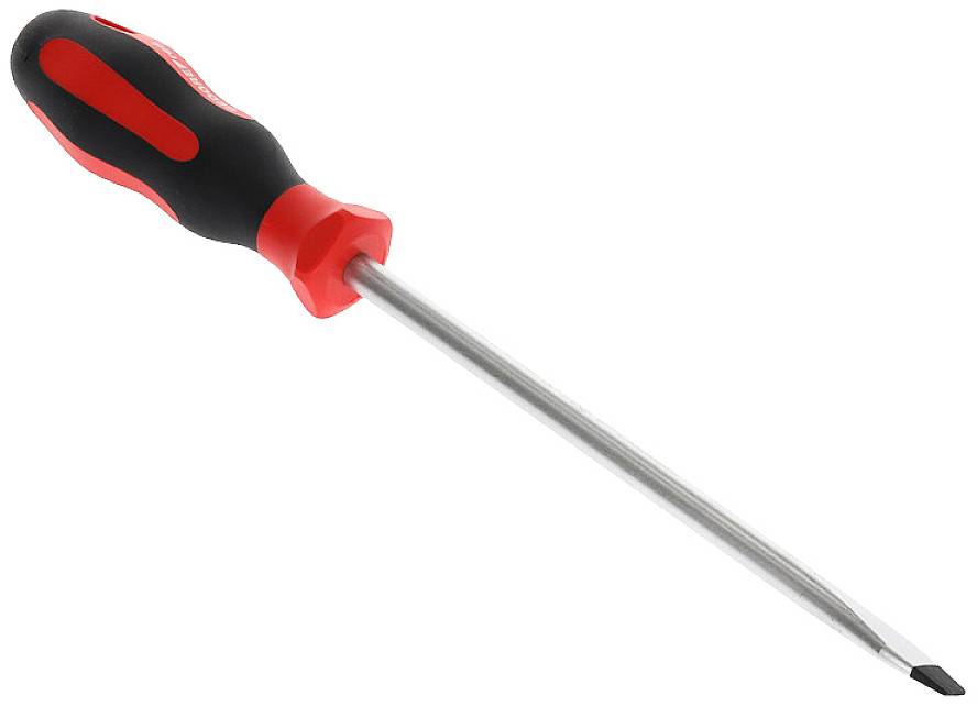 Ein roter Kreuzschlitzschraubendreher mit schwarzem Griff, in seitlicher Ansicht. Der Griff zeigt ergonomische Form für guten Halt.