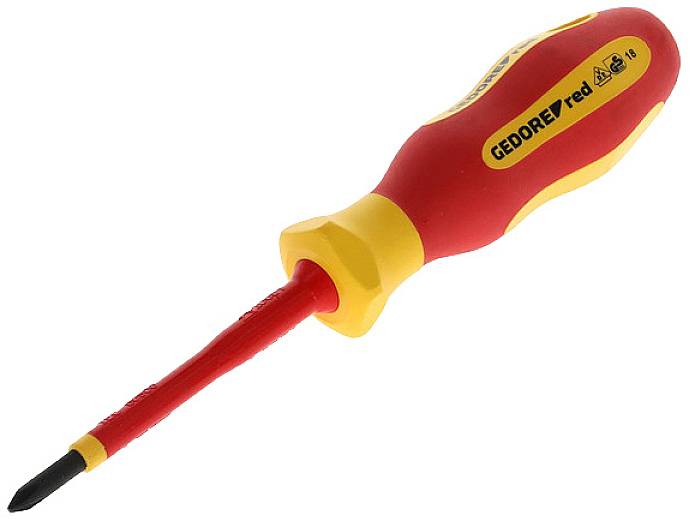 Ein isolierter Schraubendreher mit rotem Griff und gelben Details, ideal für Arbeiten an elektrischen Geräten und Sicherheit bei Strom.