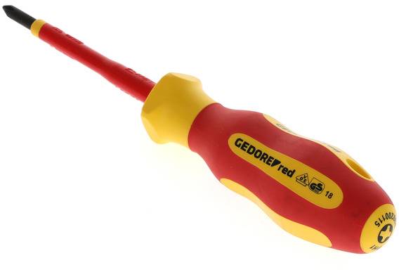 Ein roter und gelber Schraubendreher mit isoliertem Griff, geeignet für elektrische Arbeiten, mit der Aufschrift 'GEDORE red GS'.