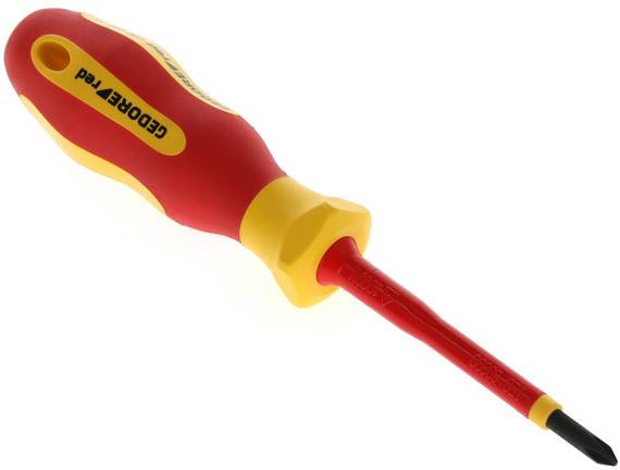 Ein roter und gelber Schraubendreher mit einem isolierten Griff, geeignet für Arbeiten an elektrischen Schaltungen.