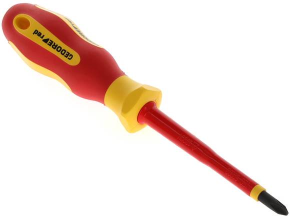 Ein roter und gelber Kreuzschlitzschraubendreher liegt diagonal, mit ergonomischem Griff und isolierter Spitze.