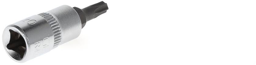 Ein silberner Schraubaufsatz mit schwarzem Torx-Kopf auf weißem Hintergrund.