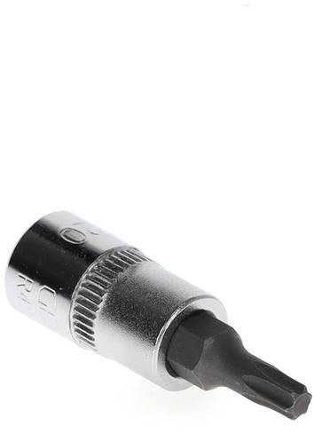 Ein einzelner Torx-Schraubendreher-Bit, silberner Schaft mit schwarzer Spitze, auf weißem Hintergrund.