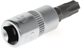 Ein silberfarbener Torx-Bit-Schlüssel mit geriffeltem Griff. Der Bit ist dunkel und sechszackig.