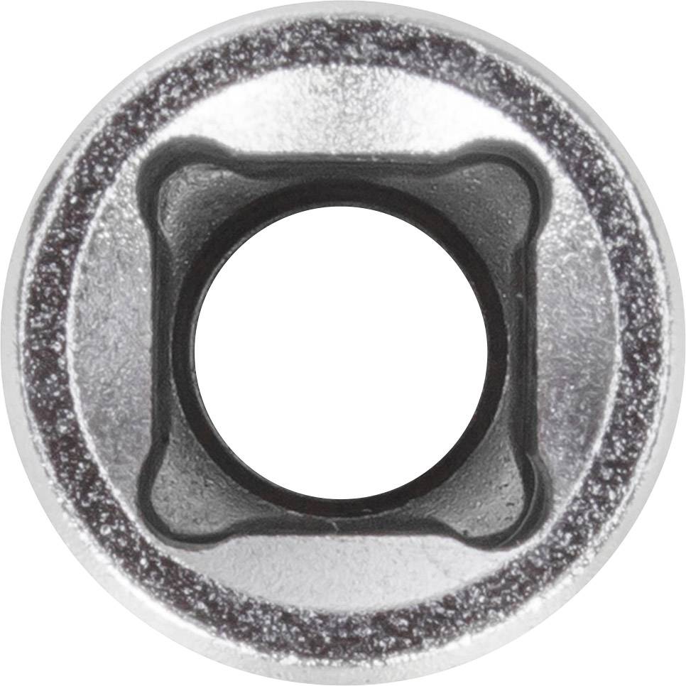 Rundes Metallteil mit viereckiger Öffnung in der Mitte, vermutlich ein Werkzeugaufsatz oder Adapter, silberfarben.