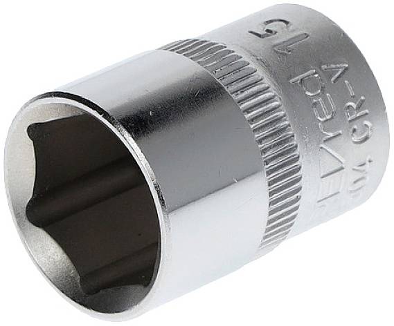 Steckschlüsseleinsatz aus Metall für Schrauben, zylindrische Form mit geriffeltem Griff, Beschriftung zeigt Größe an.