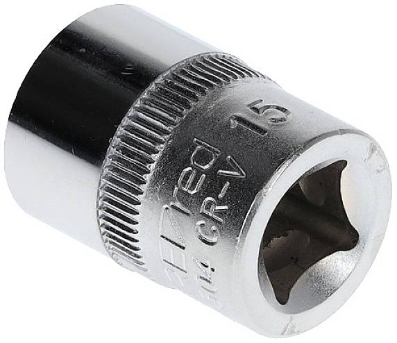 Schraubenkopf, sechseckig, aus glänzendem Metall, mit Prägung '15'. Geeignet für Schraubenschlüssel und mechanische Arbeiten.