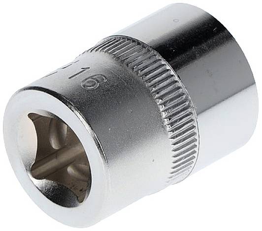 Ein silbernes Steckschlüssel-Bit, größtenteils aus glänzendem Metall, mit geriffelter Oberfläche und markierter Größe an der Seite.